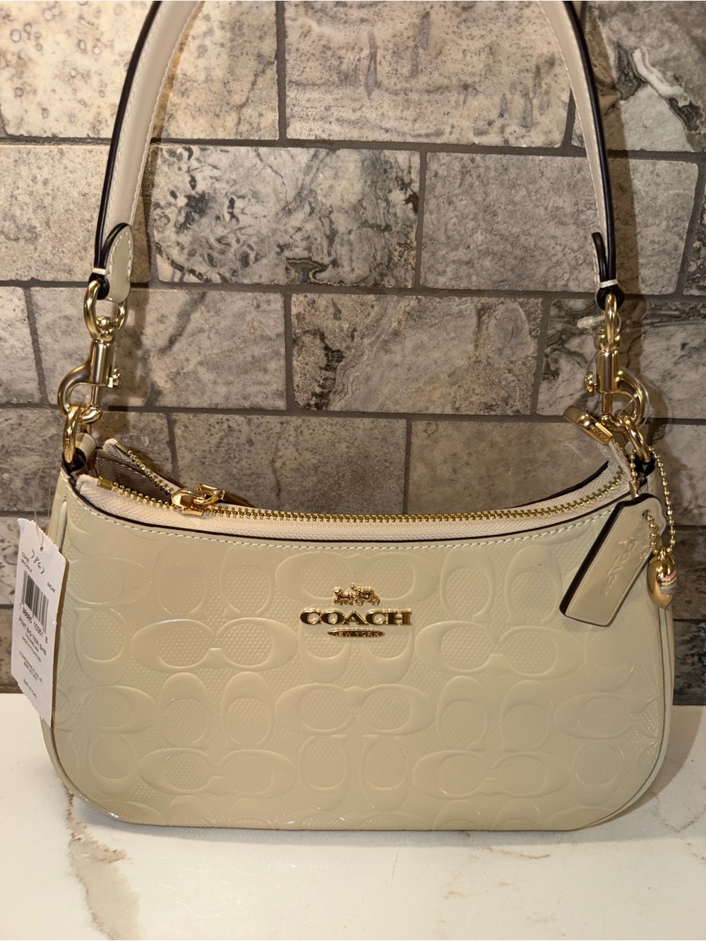 Coach Teri Patent Leather Signature Shoulder Bag with Gold Hardware in Chalk